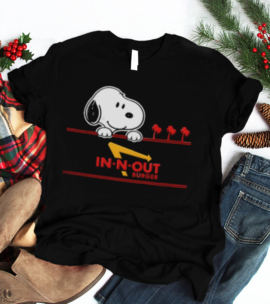 Snoopy Peeking Over In N Out Burger Red Lines With Palm Trees T-Shirt
