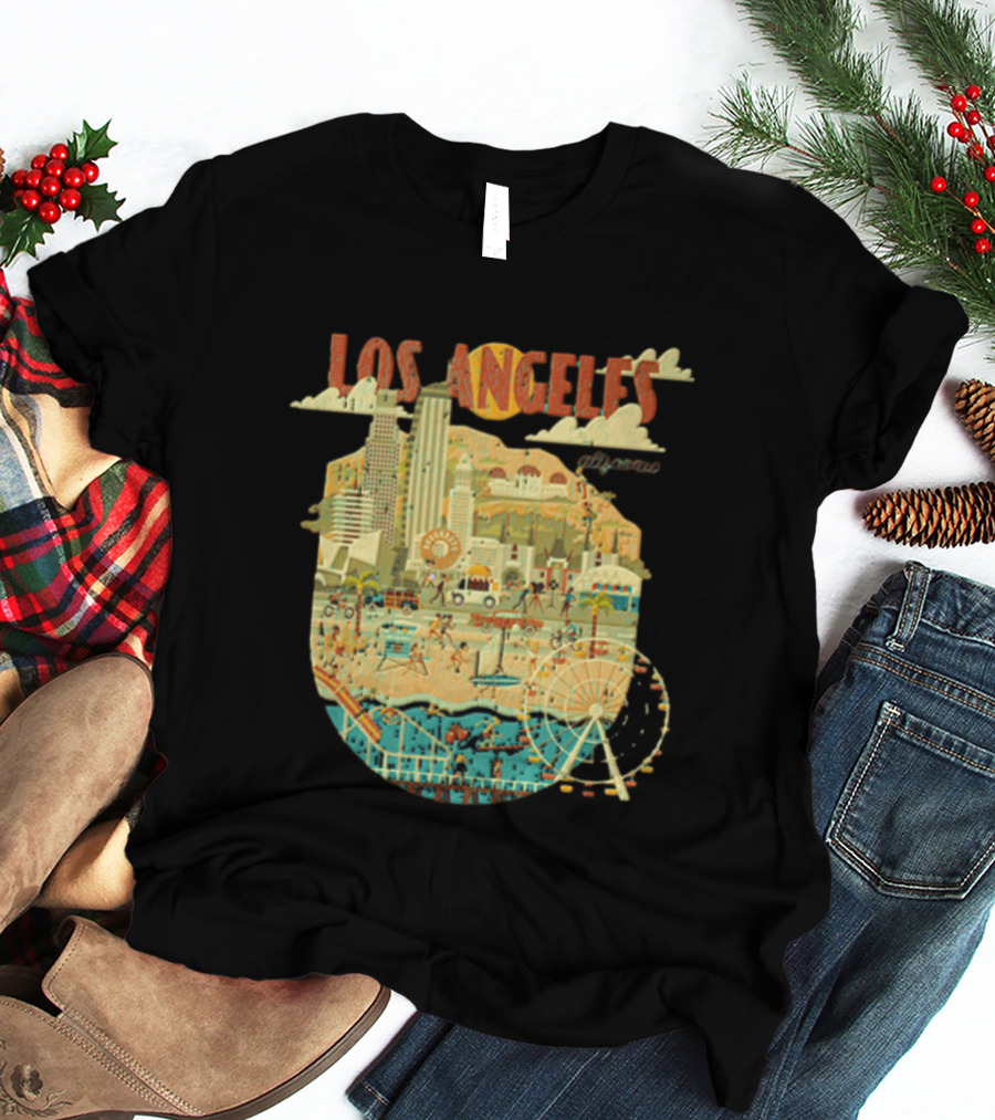 Los Angeles California Skyline Ferris Wheel And Beach Scene T-Shirt