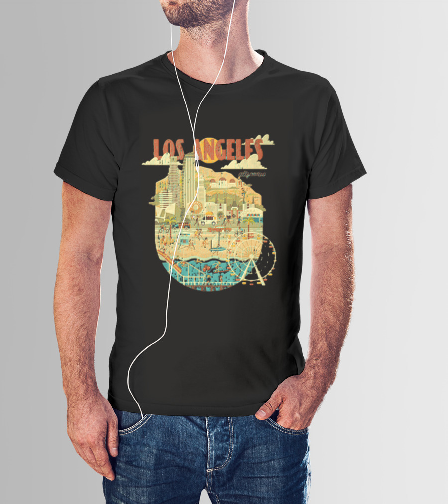 Los Angeles California Skyline Ferris Wheel And Beach Scene T-Shirt
