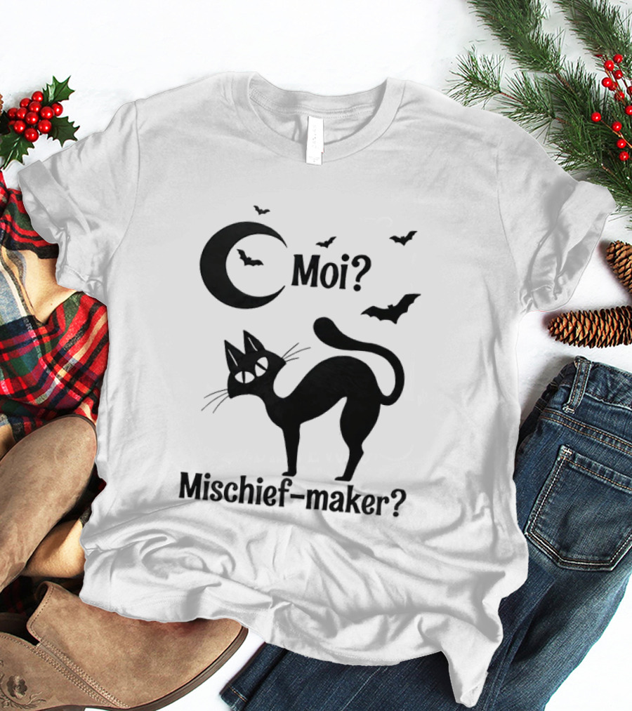 Moi Mischief Maker Black Cat Halloween Moon Bats T-Shirt