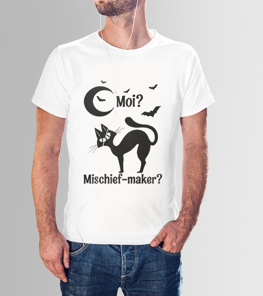 Moi Mischief Maker Black Cat Halloween Moon Bats T-Shirt