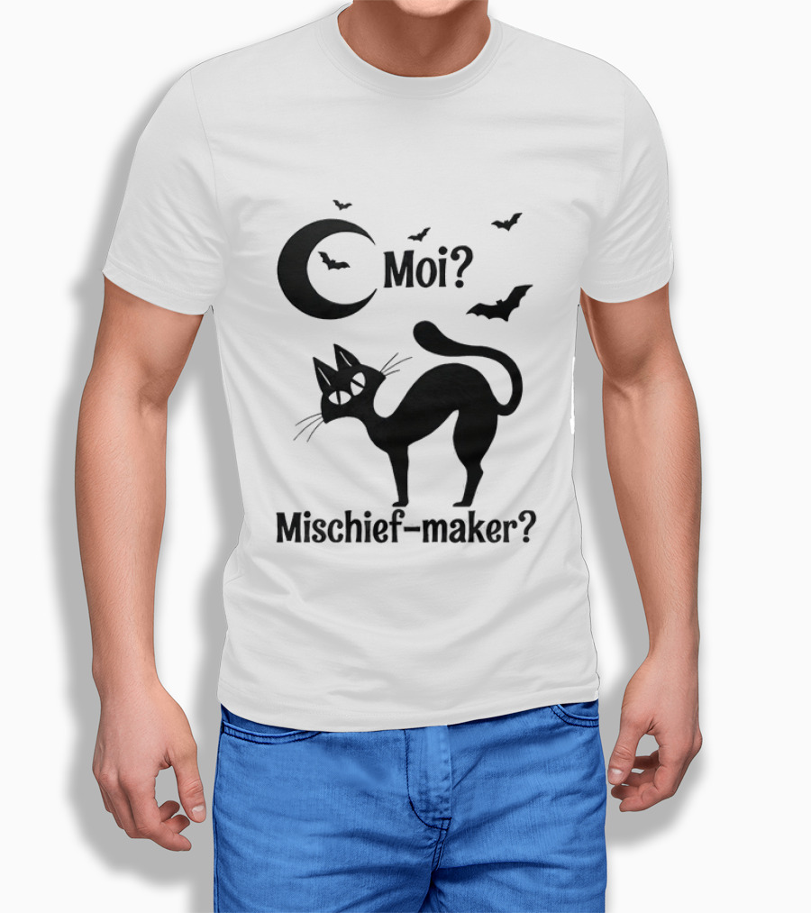 Moi Mischief Maker Black Cat Halloween Moon Bats T-Shirt