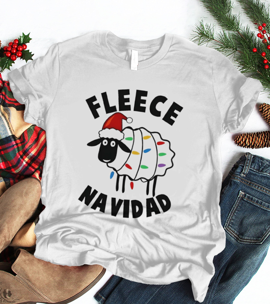 Fleece Navidad Christmas Sheep In Santa Hat With Holiday Lights Pun T-Shirt