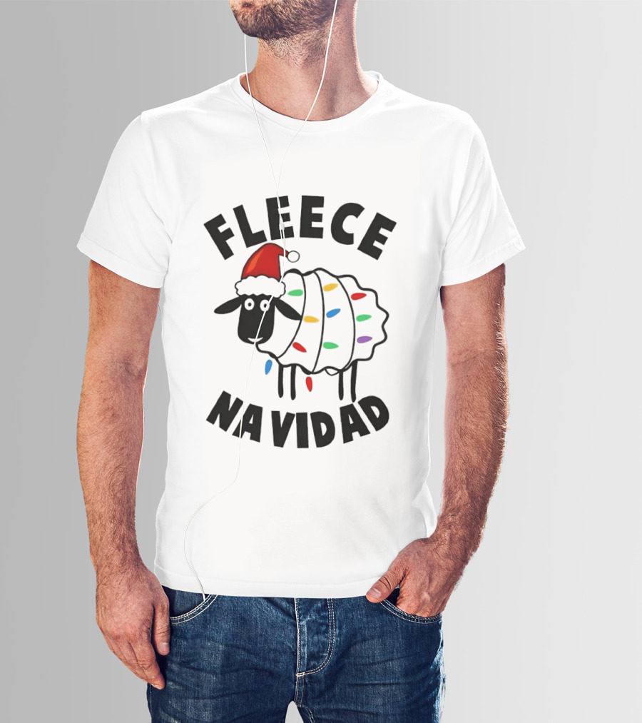 Fleece Navidad Christmas Sheep In Santa Hat With Holiday Lights Pun T-Shirt