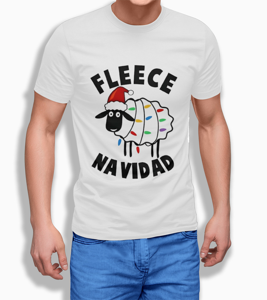 Fleece Navidad Christmas Sheep In Santa Hat With Holiday Lights Pun T-Shirt