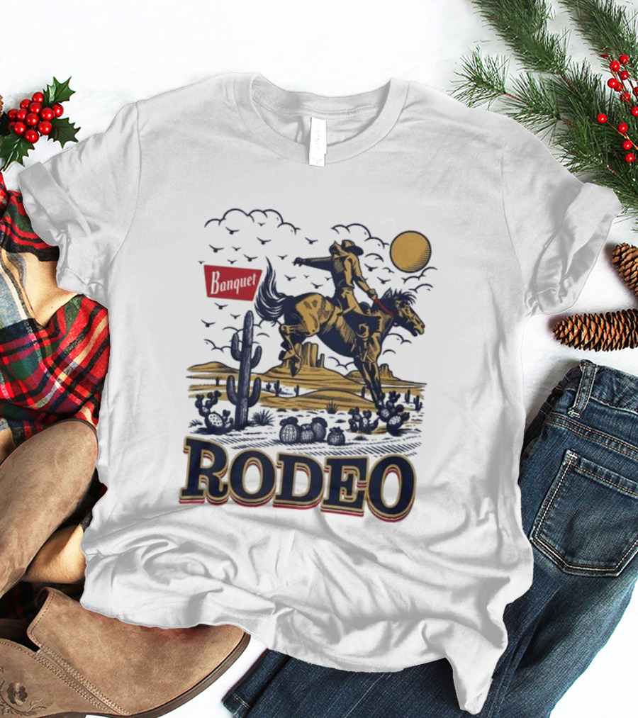 Western Rodeo Cowboy Desert Scene With Cactus And Mountains T-Shirt