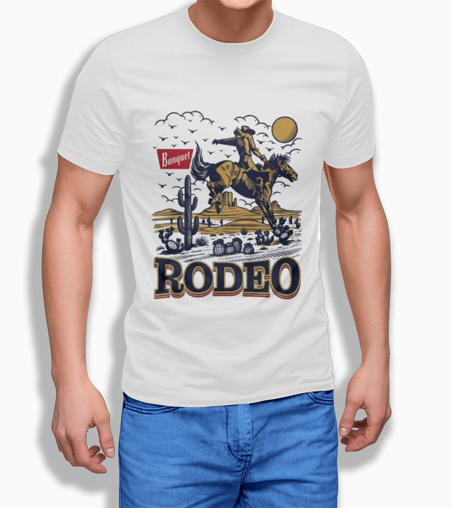 Western Rodeo Cowboy Desert Scene With Cactus And Mountains T-Shirt