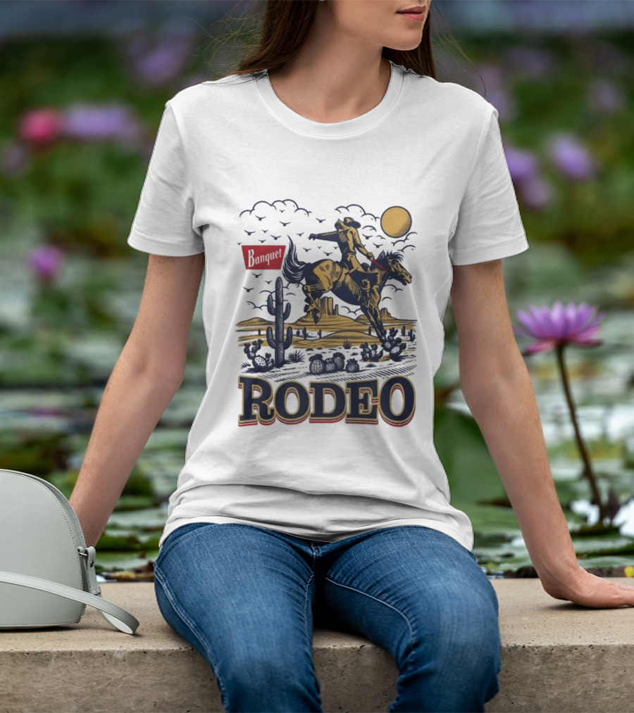 Western Rodeo Cowboy Desert Scene With Cactus And Mountains T-Shirt