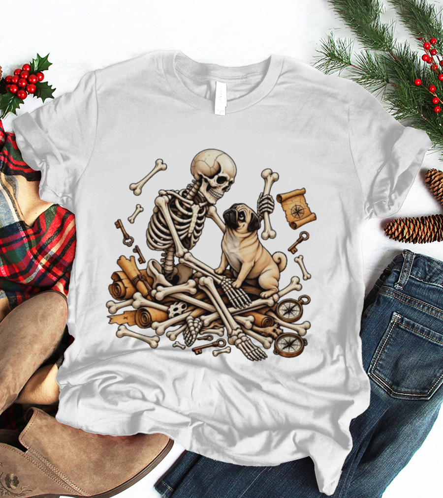 Skeleton Holding Bone With Pug Surrounded By Compass Keys And Treasure Maps T-Shirt