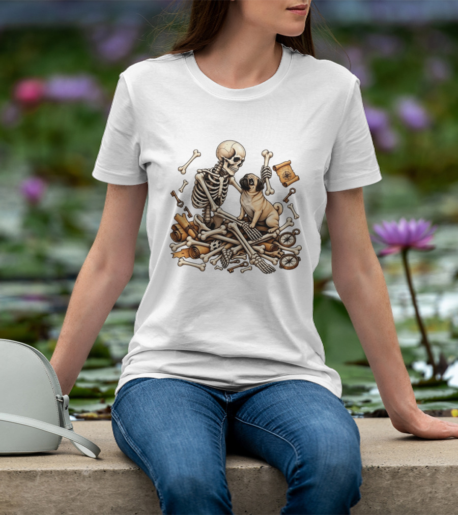 Skeleton Holding Bone With Pug Surrounded By Compass Keys And Treasure Maps T-Shirt