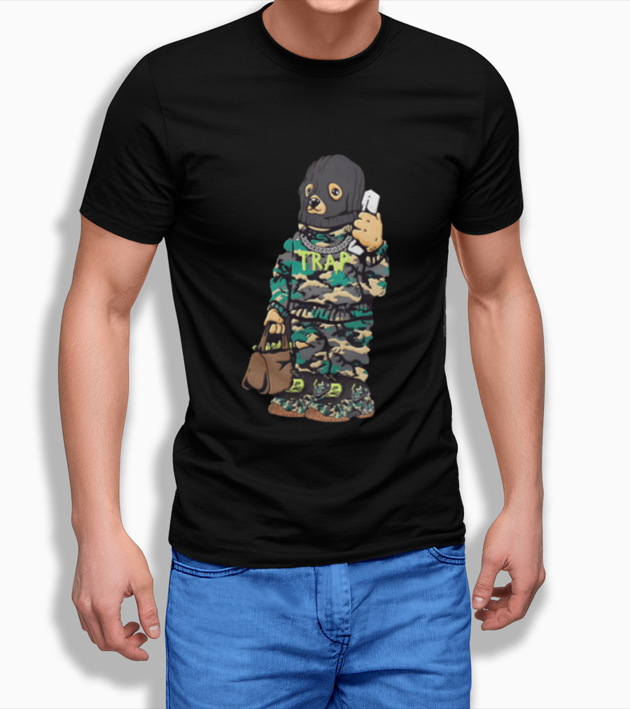 Bear Balaclava Camouflage Trap Outfit With Phone And Bag T-Shirt