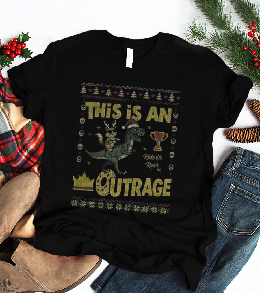 Dungeon Crawler Carl This Is An Outrage Christmas Ugly Achievement Crown Trophy Dinosaur Santa Hat T-Shirt