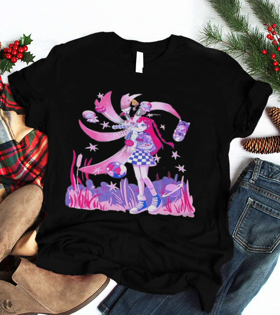 Anime Girl Space Ramen Checkered Skirt Pink Cosmic Stars T-Shirt