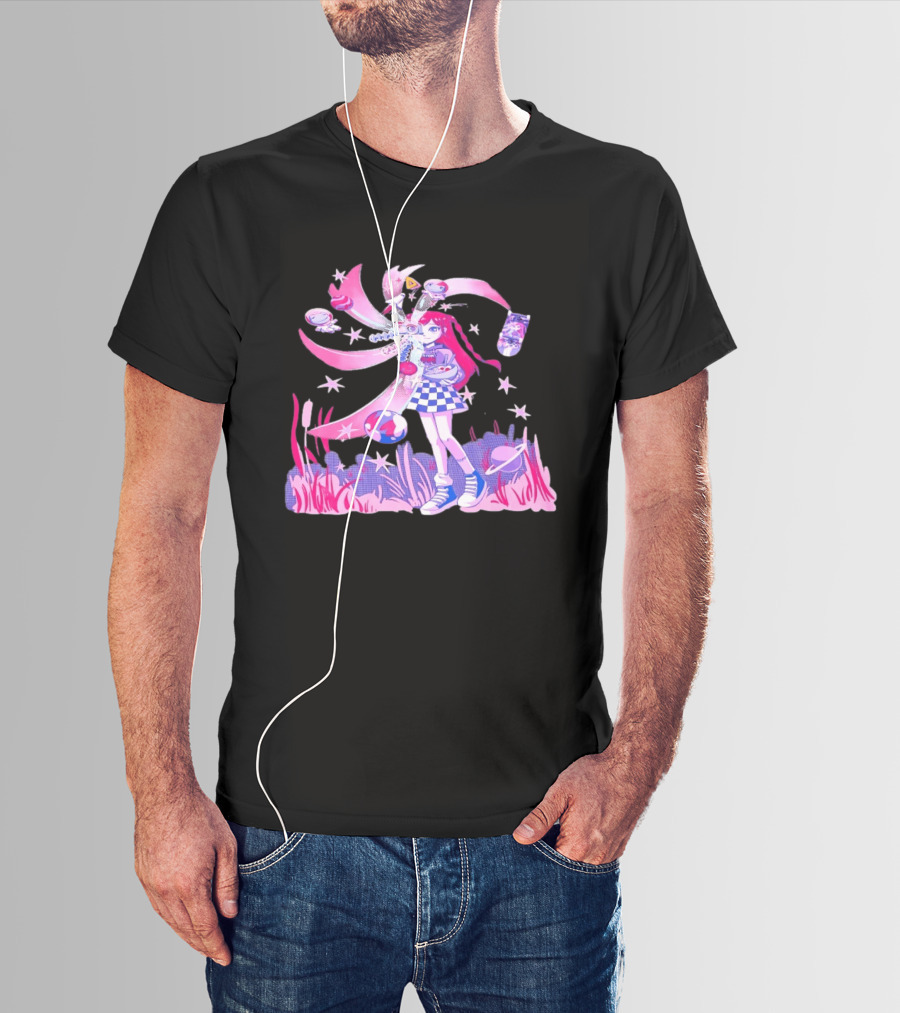 Anime Girl Space Ramen Checkered Skirt Pink Cosmic Stars T-Shirt