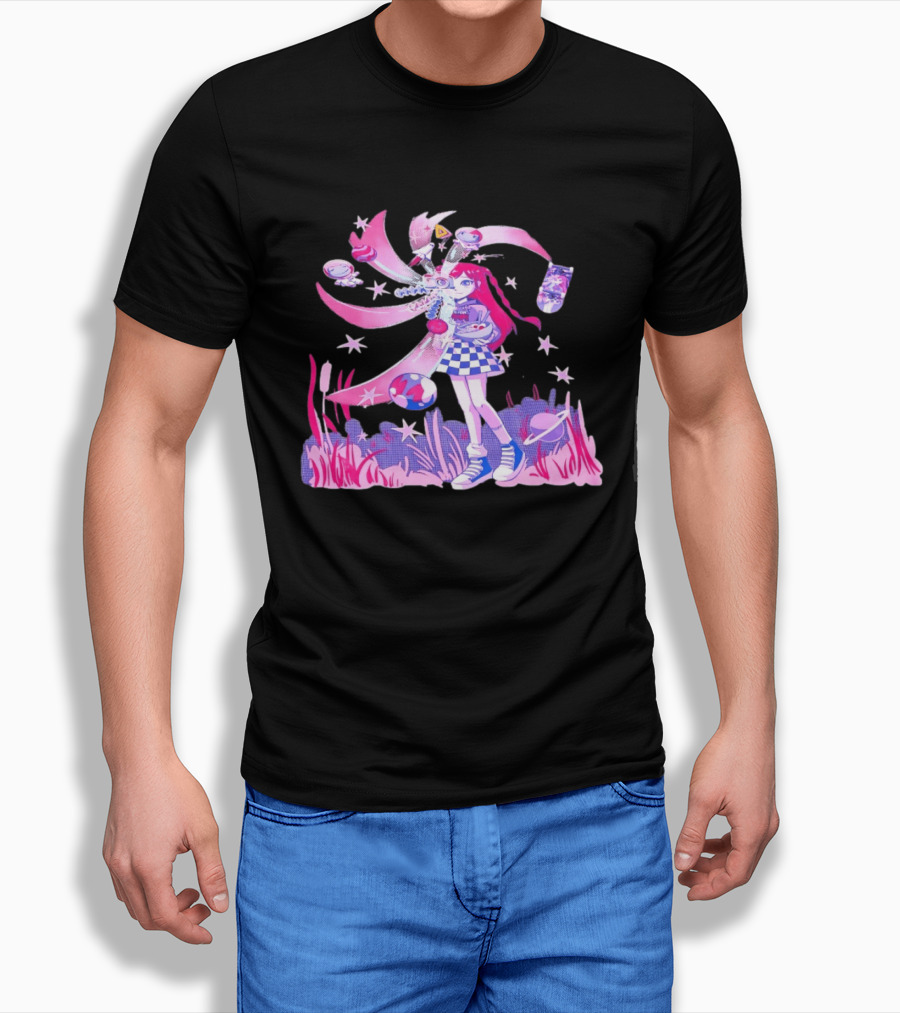 Anime Girl Space Ramen Checkered Skirt Pink Cosmic Stars T-Shirt