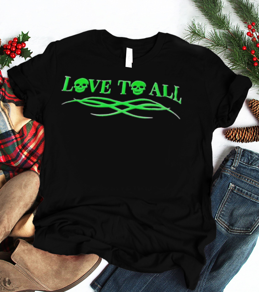 Love TO ALL Green Skulls Tribal Line Vibrant Neon Aesthetic T-Shirt