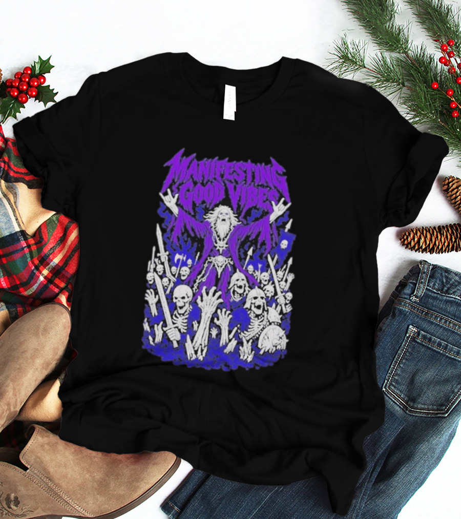 Manifesting Good Vibes Necromancer Skeleton Wizard T-Shirt