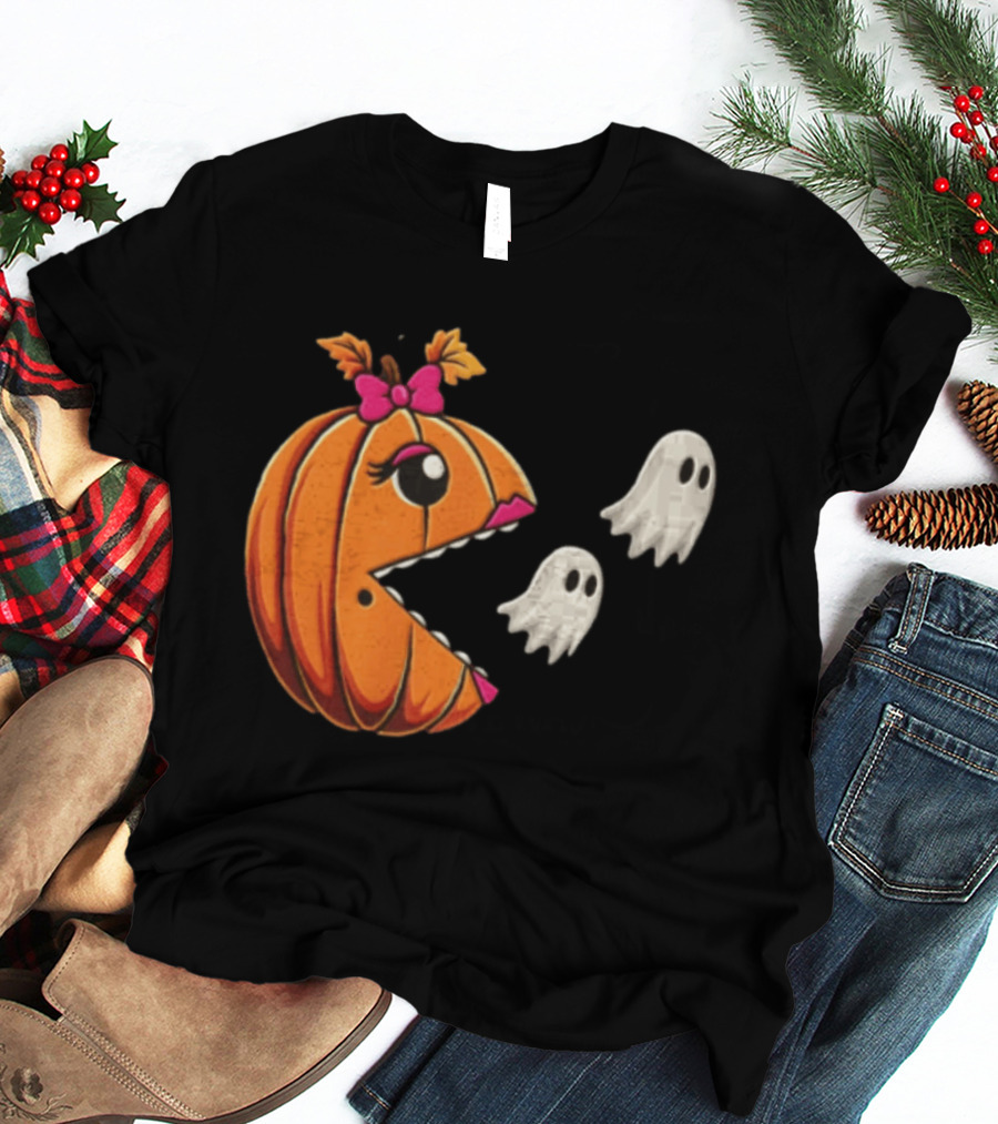 Ms Pac Man Pumpkin Shape Halloween Ghosts T-Shirt