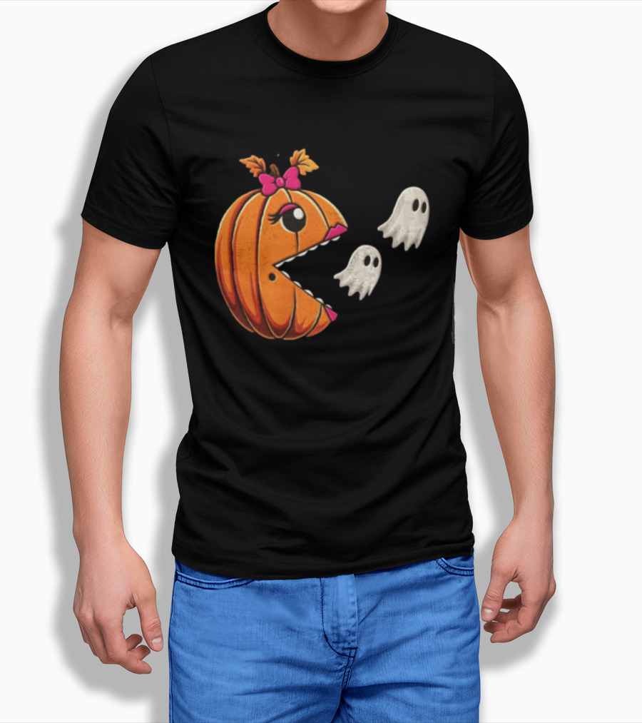 Ms Pac Man Pumpkin Shape Halloween Ghosts T-Shirt