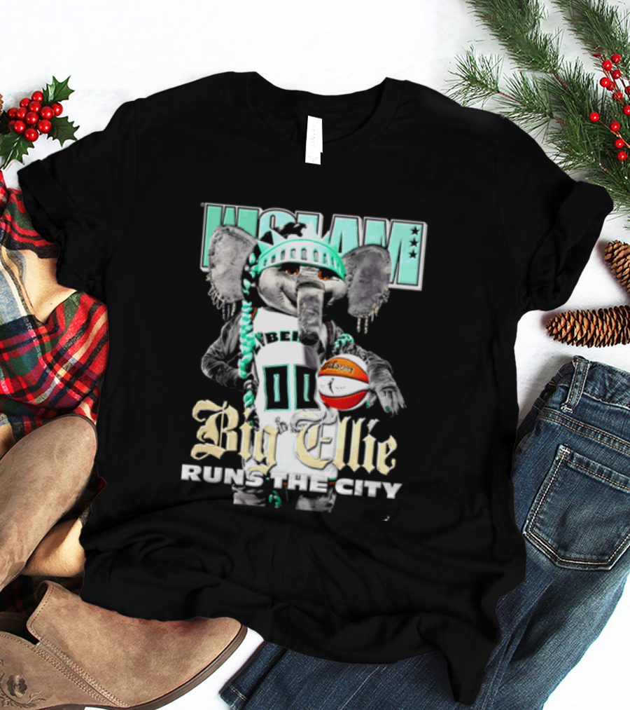 New York Liberty Big Ellie Runs The City Statue Crown Basketball T-Shirt