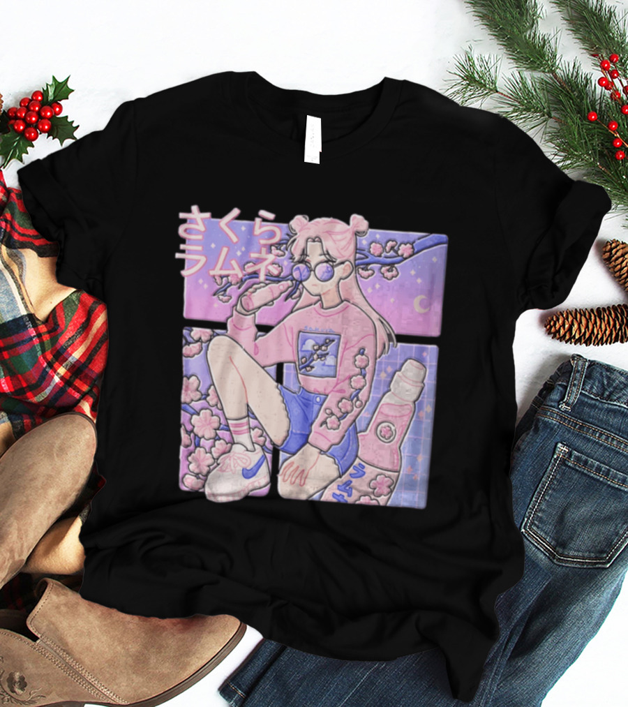 Anime Girl Drinking Pink Soda Sakura Blossoms Pastel Aesthetic T-Shirt
