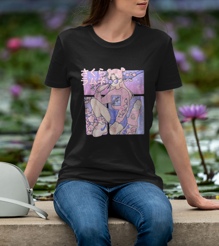 Anime Girl Drinking Pink Soda Sakura Blossoms Pastel Aesthetic T-Shirt