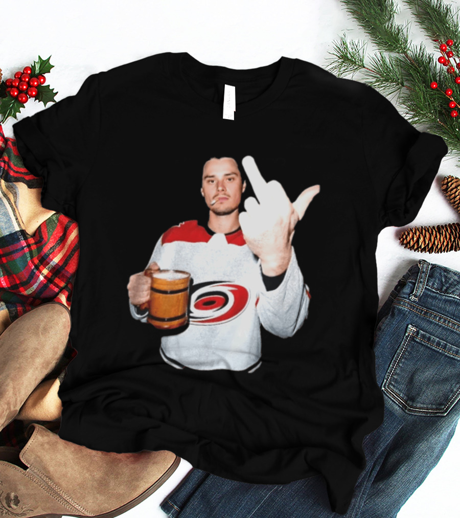 Sebastian Aho Carolina Hurricanes Wooden Beer Middle Finger Gesture T-Shirt