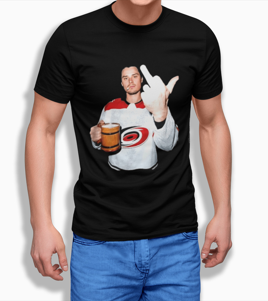 Sebastian Aho Carolina Hurricanes Wooden Beer Middle Finger Gesture T-Shirt