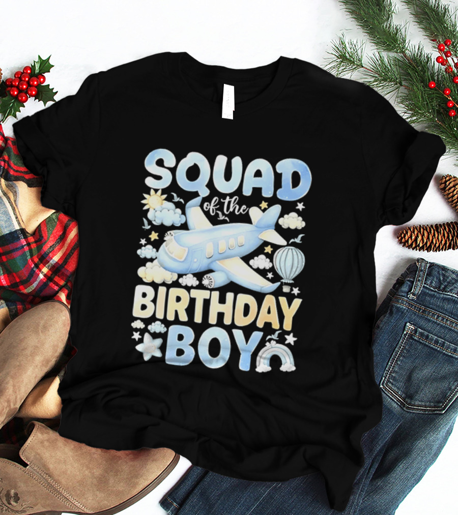 Squad Of The Birthday Boy Airplane Cloud Adventure With Stars And Balloons T-Shirt