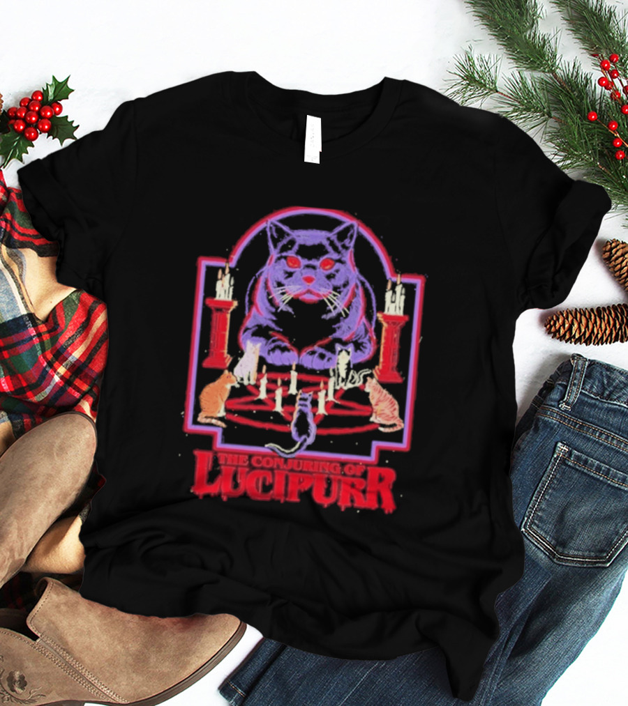 The Conjuring Of Lucipurr Cat Candle Pentagram Ritual T-Shirt