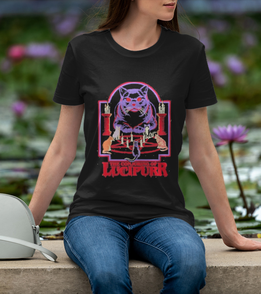 The Conjuring Of Lucipurr Cat Candle Pentagram Ritual T-Shirt