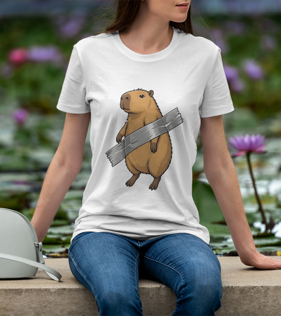 Capybara Holding Duct Tape Rodent Iconic Funny Meme T-Shirt