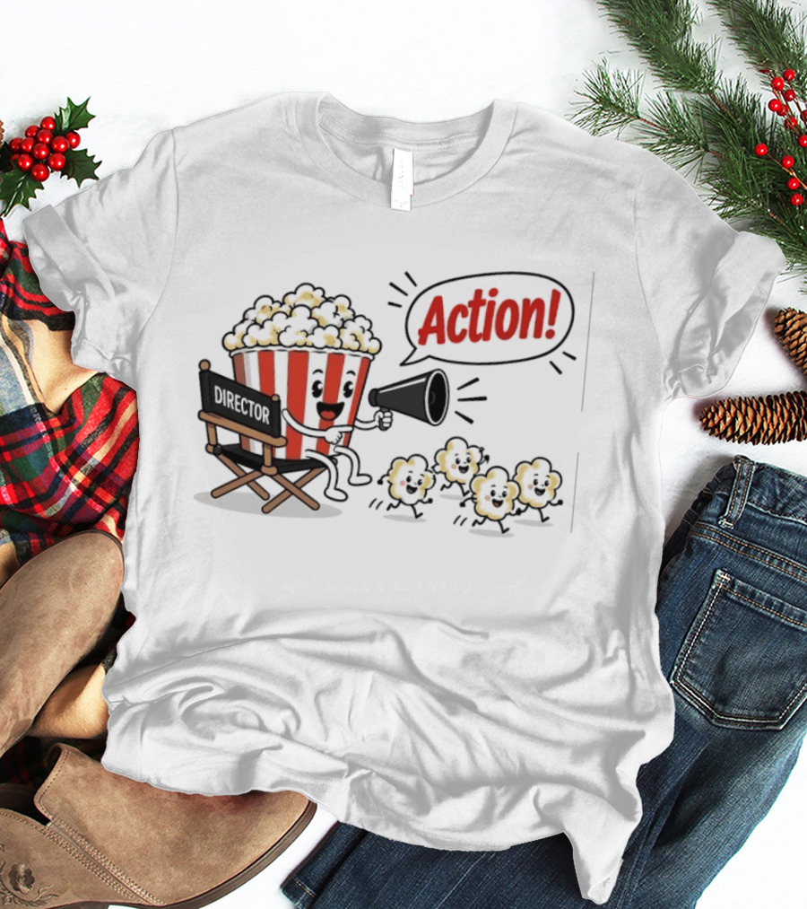 Director Popcorn Calling Action Movie Night Chair Megaphone T-Shirt
