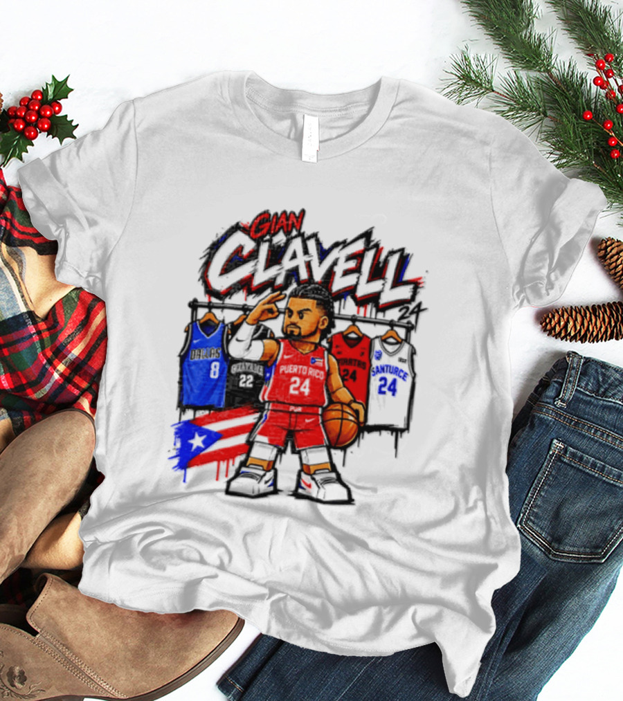 Gian Clavell Puerto Rico Basketball Cartoon With Jersey Collection And Flag T-Shirt