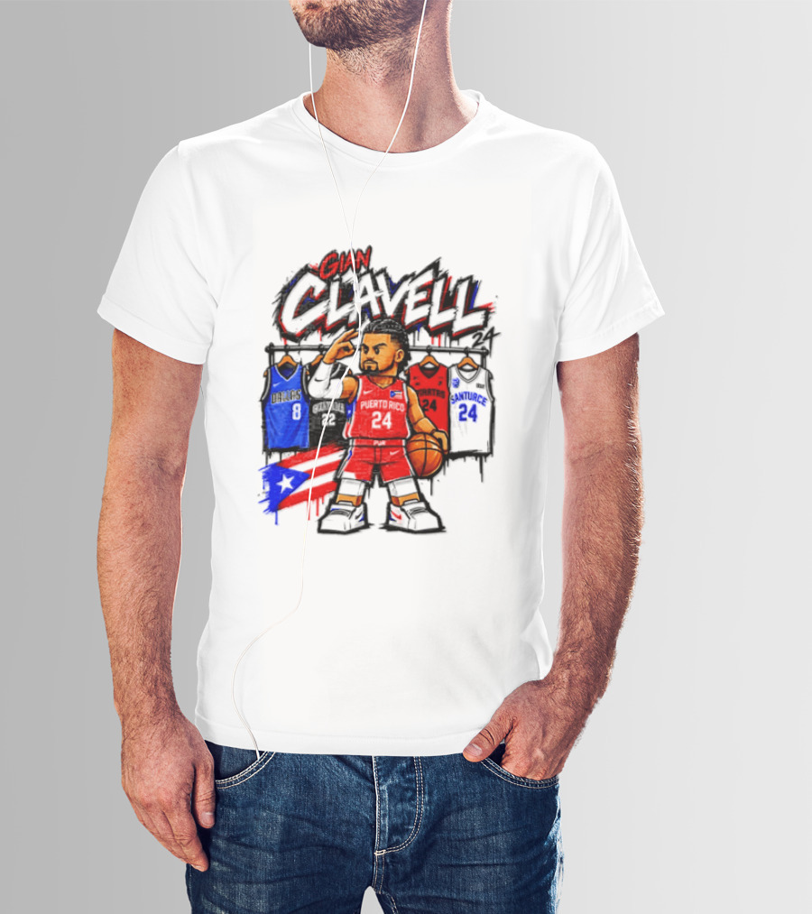 Gian Clavell Puerto Rico Basketball Cartoon With Jersey Collection And Flag T-Shirt