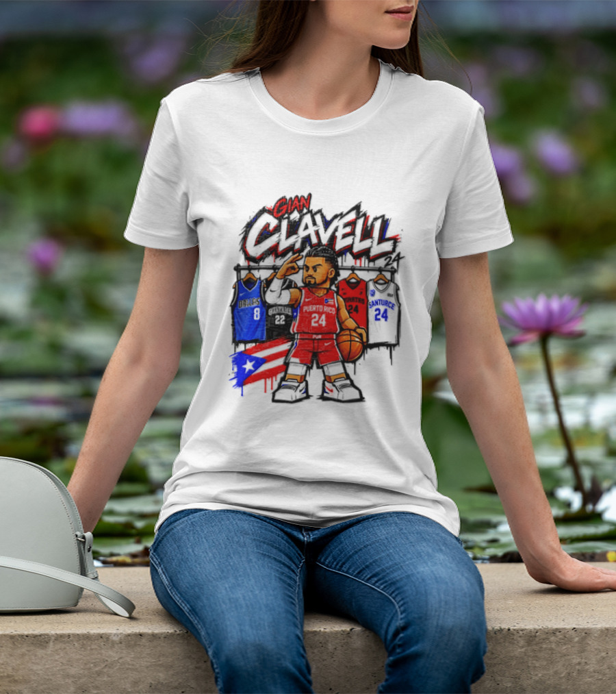 Gian Clavell Puerto Rico Basketball Cartoon With Jersey Collection And Flag T-Shirt
