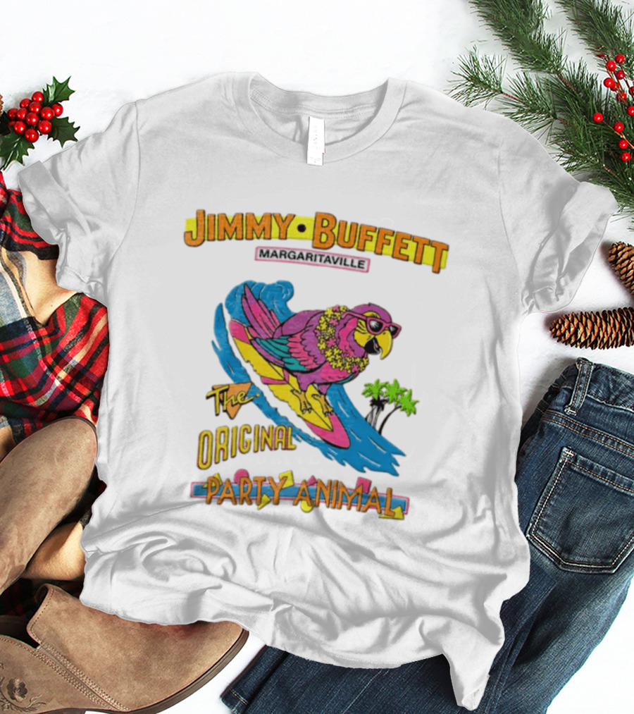 Jimmy Buffett Margaritaville Original Party Animal Parrot Surfing Wave T-Shirt