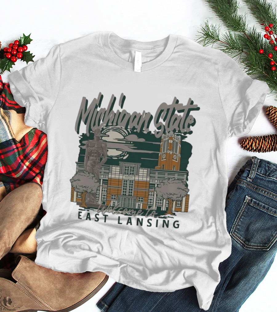Michigan State University Welcome To East Lansing Scenic Campus Architecture And Famous Spartan Statue T-Shirt