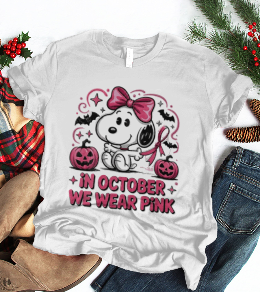 In October We Wear Pink Snoopy Peanuts Halloween Bow Pumpkins Bats T-Shirt