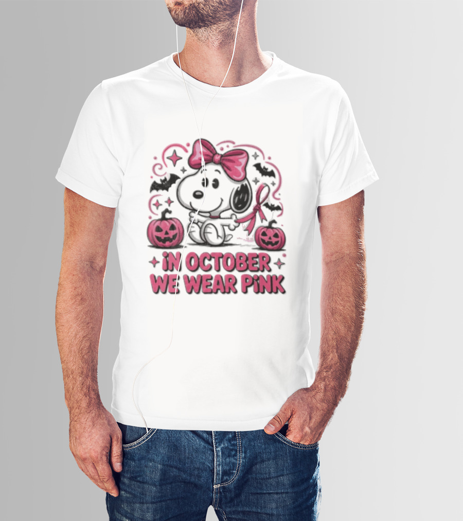In October We Wear Pink Snoopy Peanuts Halloween Bow Pumpkins Bats T-Shirt