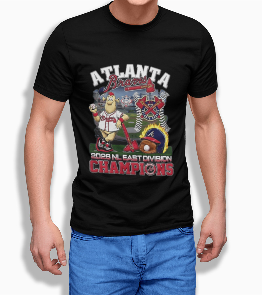 Atlanta Braves 2026 NL East Division Champions Stadium With Mascot And Baseball Bat T-Shirt