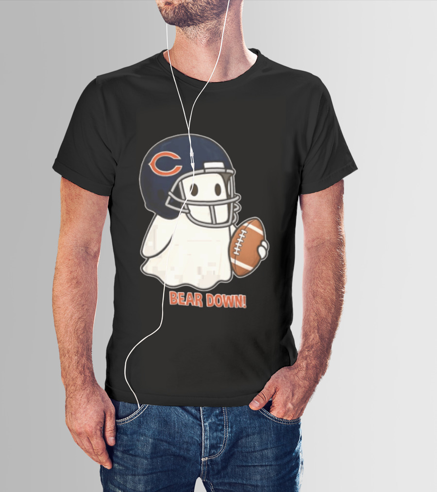Chicago Bears Bear Down Ghost Football Helmet Holding Ball T-Shirt