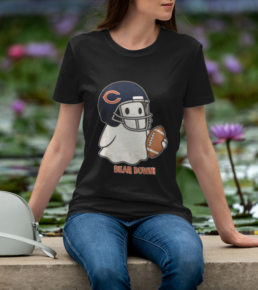 Chicago Bears Bear Down Ghost Football Helmet Holding Ball T-Shirt