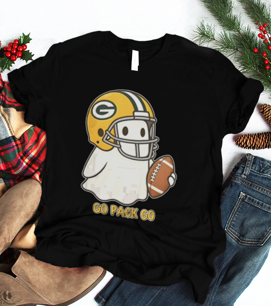 Go Pack Go Ghost With Green Bay Packers Football Helmet And Ball T-Shirt