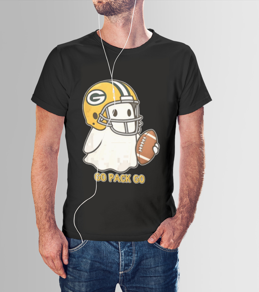 Go Pack Go Ghost With Green Bay Packers Football Helmet And Ball T-Shirt