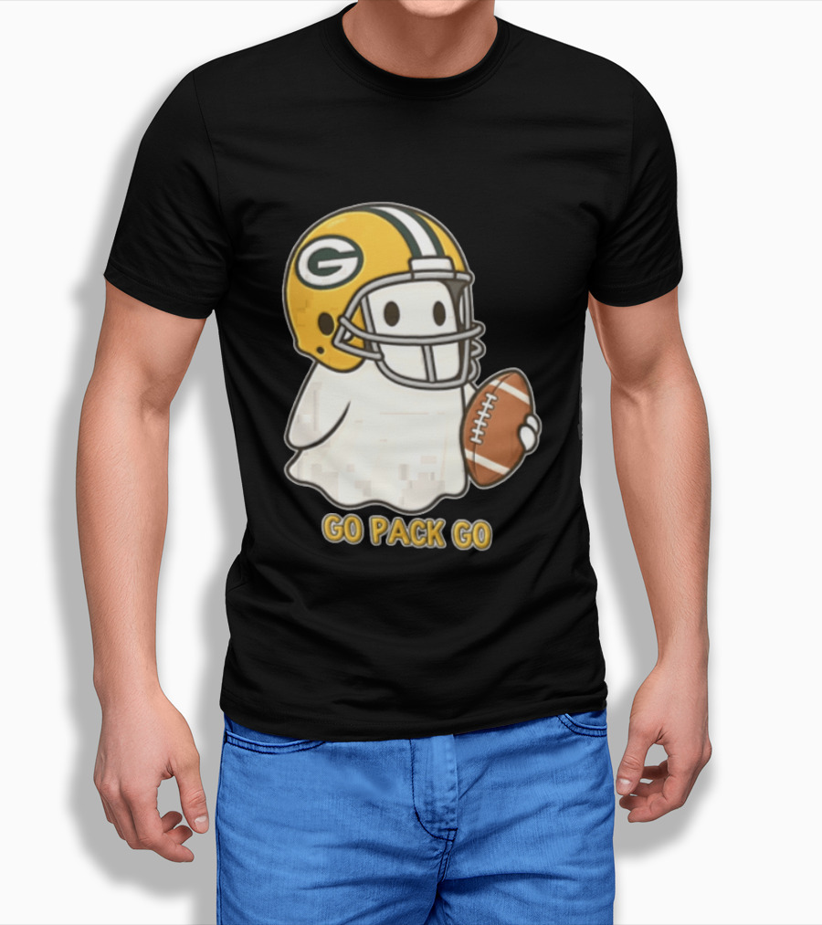 Go Pack Go Ghost With Green Bay Packers Football Helmet And Ball T-Shirt