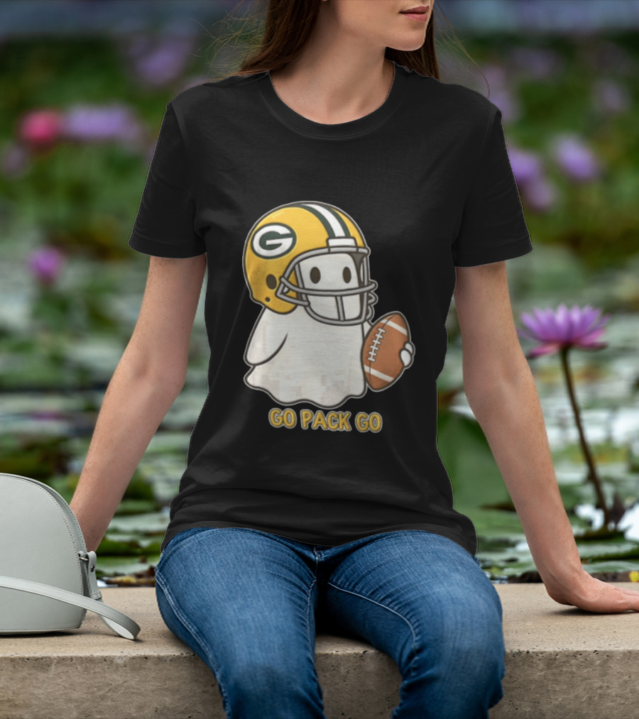 Go Pack Go Ghost With Green Bay Packers Football Helmet And Ball T-Shirt