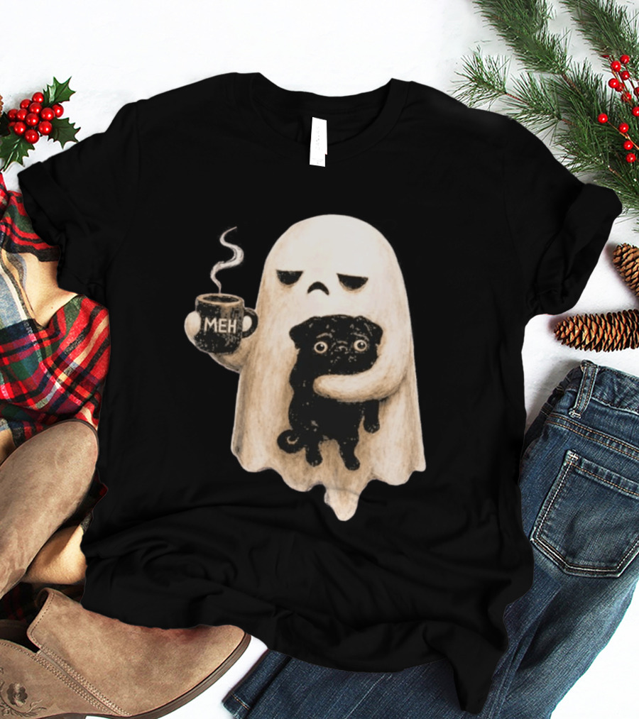 Halloween Meh Ghost Holding Black Pug Dog Lover T-Shirt