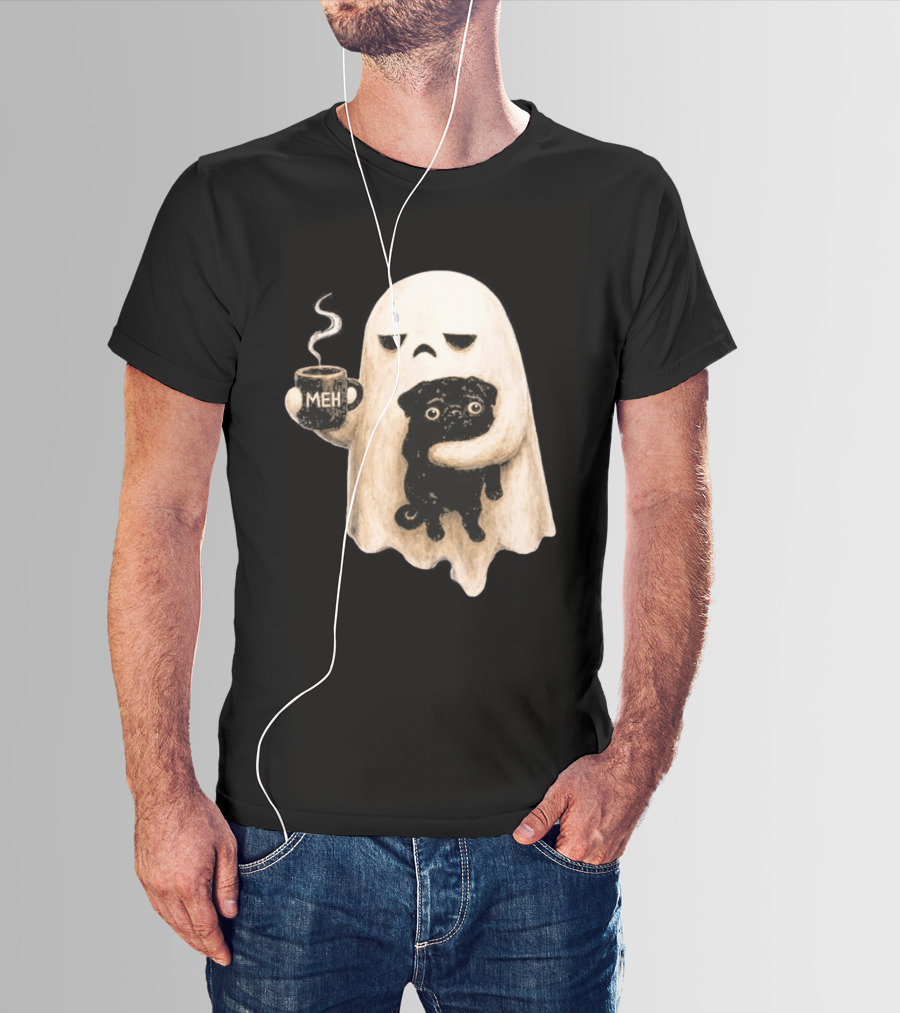 Halloween Meh Ghost Holding Black Pug Dog Lover T-Shirt