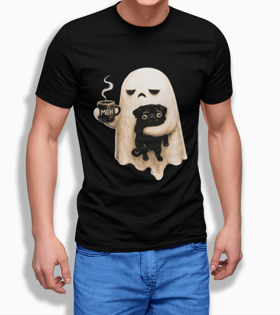 Halloween Meh Ghost Holding Black Pug Dog Lover T-Shirt